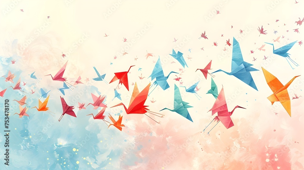 Flying Colorful Origami Paper Birds in Digital Painting Style, To add a touch of color, creativity, and inspiration to any design project