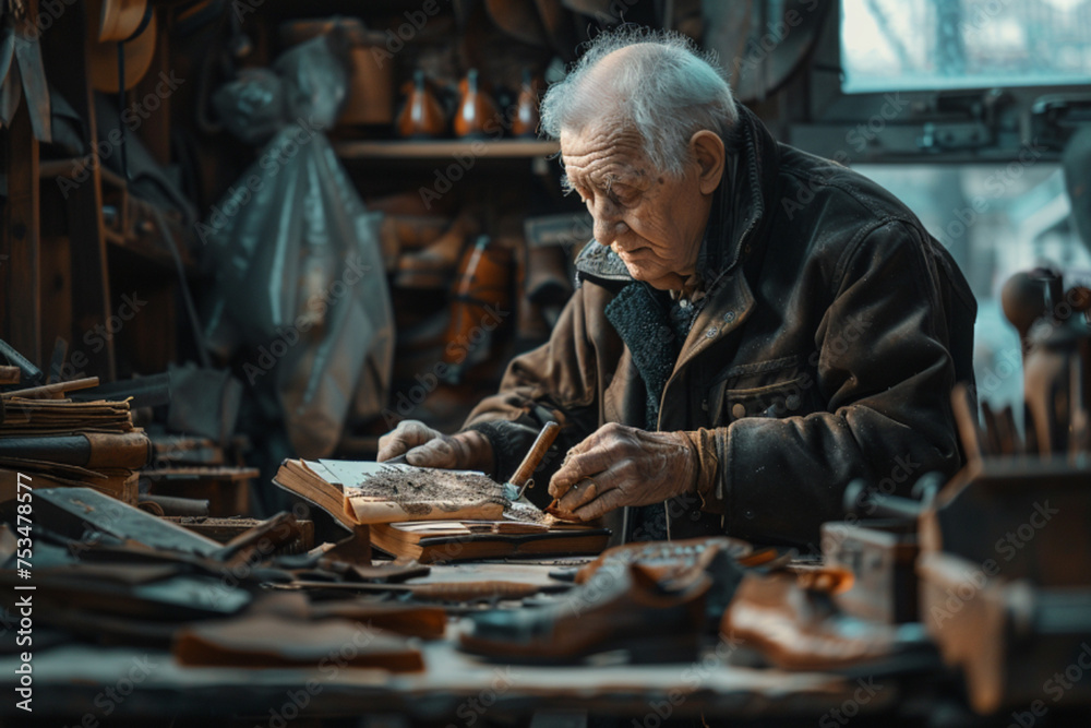 shoemaker at work in a workshop. shoemaker at work in a workshop.