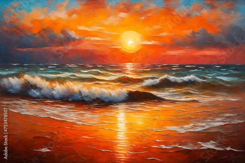 Oil painting with brush strokes and texture. Sunset over the sea.