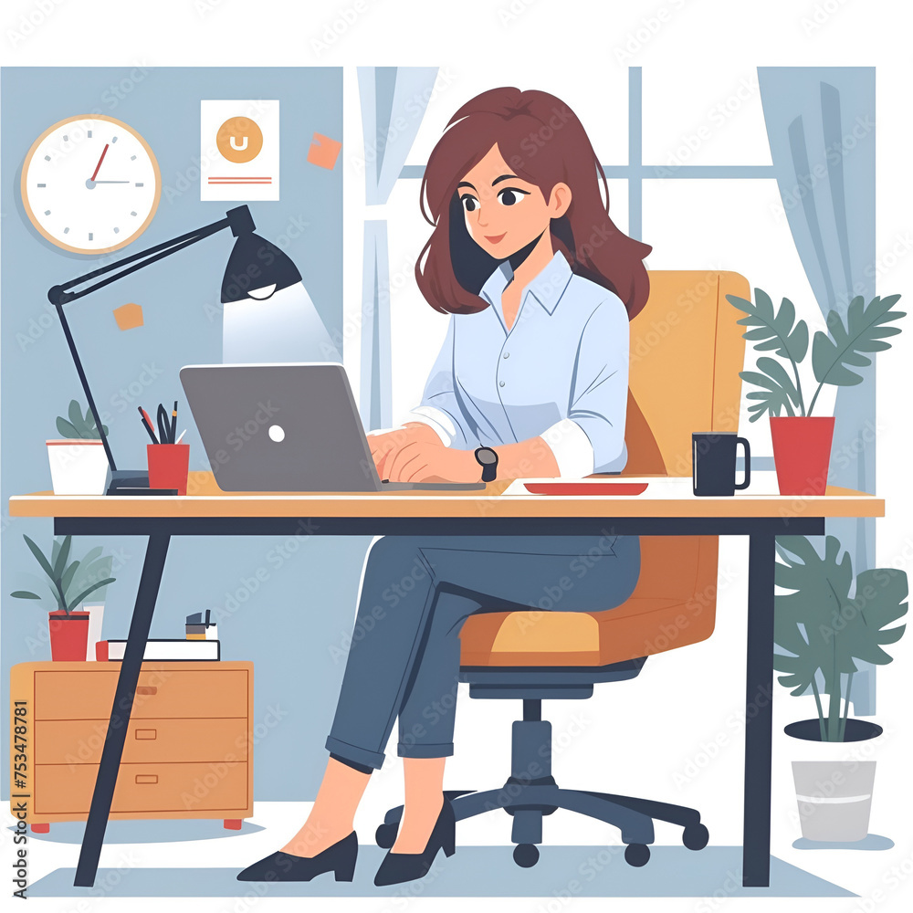 Illustration of a woman working in the office, flat art, vector color. AI generated. Illustration of a woman working in the office, flat art, vector color. AI generated.