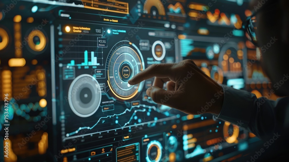 Obraz premium People of financial experts gathered around a computer screen, analyzing a dashboard showing sales and operations data, big data analytics, Corporate strategy, operations, marketing in modern office.