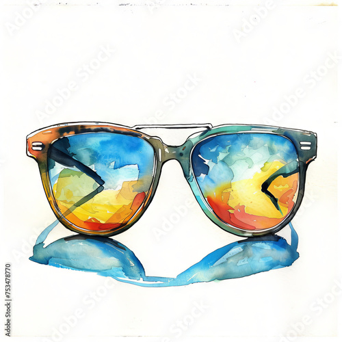 Watercolor sunglasses detailed on white background