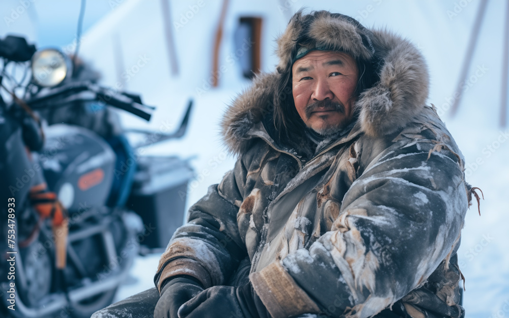 Fototapeta premium a Chukchi man on a snowmobile in the tundra