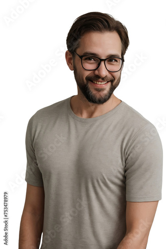 Handsome middle-aged man with beard wearing glasses and casual clothes smiling and looking at the camera. isolated, transparent background, no background. PNG.