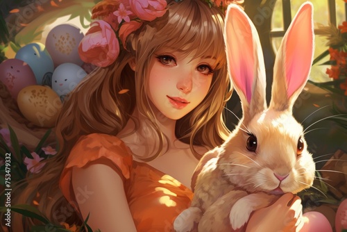 drawing of a girl and an Easter bunny. colorful illustration.