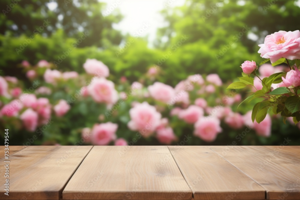 empty wooden table on a blurred background of a garden with blooming pink roses. a mockup for the display of your product. empty wooden table on a blurred background of a garden with blooming pink roses. a mockup for the display of your product.