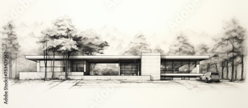 Minimal house sketch with garage and nature in the background