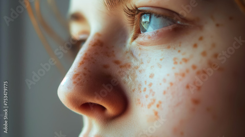 Child's freckled face close-up.