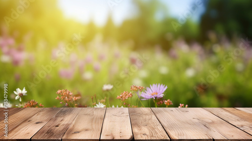 A wooden table against a spring flower meadow background
