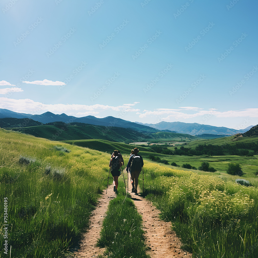 Obraz premium photo of a family and friends hiking together in the mountains 