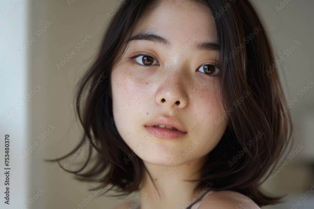 Zdjęcie Stock 部屋でセルフィーを撮る素顔の日本人女性(モデル・すっぴん・素肌) Adobe Stock