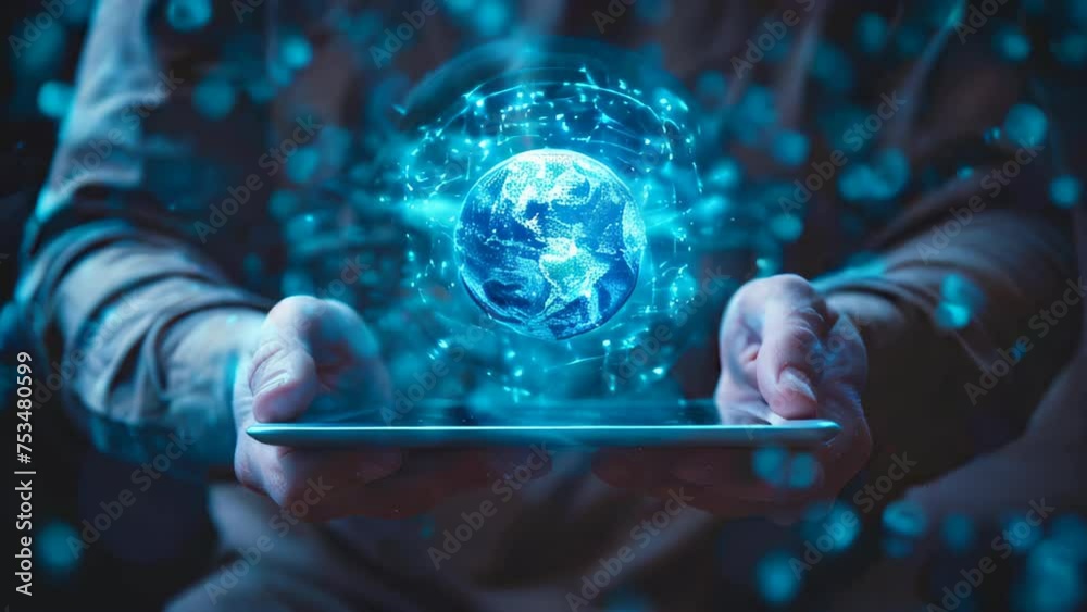Man hands holding a tablet, earth globe communications symbol over the screen