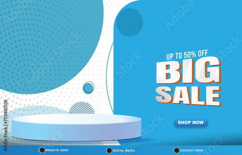 big sale discount template banner with blank space 3d podium for product sale with abstract gradient blue and white background design