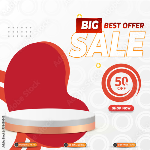 big offer discount sale template banner with blank space 3d podium for product sale with abstract gradient white and red background design