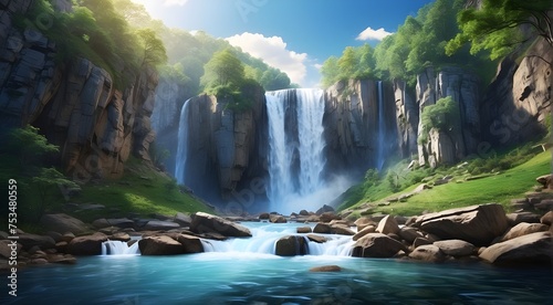 waterfall in the mountains, "Experience the breathtaking beauty of a crystal-clear waterfall in stunning HD ultra resolution. Watch as the water cascades down the rocks, creating a mesmerizing display