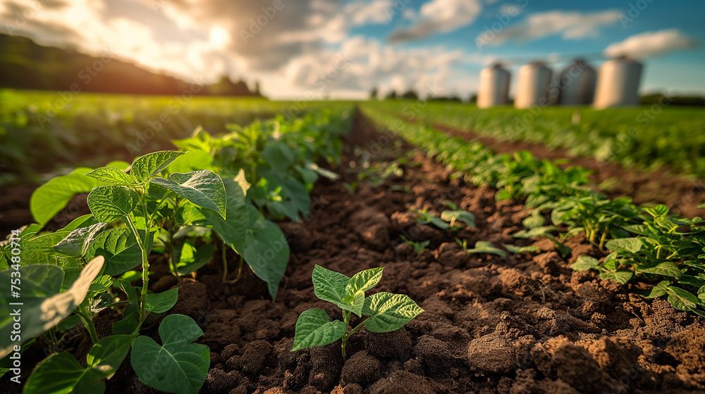 A green field stretches to the horizon. A farm and its buildings loom in the background as the sun shines gently over the scene. A green field stretches to the horizon. A farm and its buildings loom in the background as the sun shines gently over the scene.