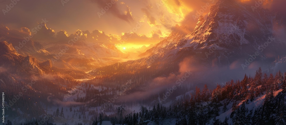 The warm evening light covers hills, a valley, snowy peaks, and dark forests under a clear sky.