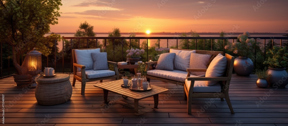Wooden furniture terrace at sunset