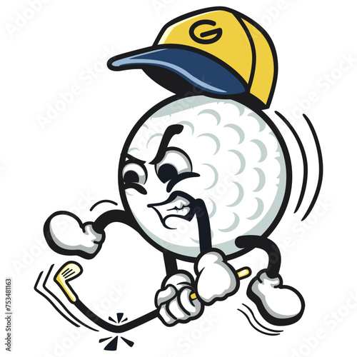 character illustration of an angry cartoon icon of a golf ball hitting a golf stick