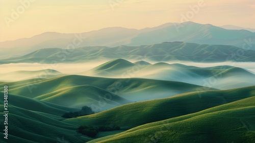 A serene view of rolling hills at sunrise, with layers of fog 