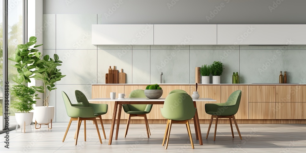 Simple, modern kitchen and dining area with wooden and white surfaces, green chairs, and eucalyptus in ceramic vase.