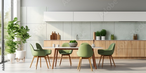 Simple  modern kitchen and dining area with wooden and white surfaces  green chairs  and eucalyptus in ceramic vase.