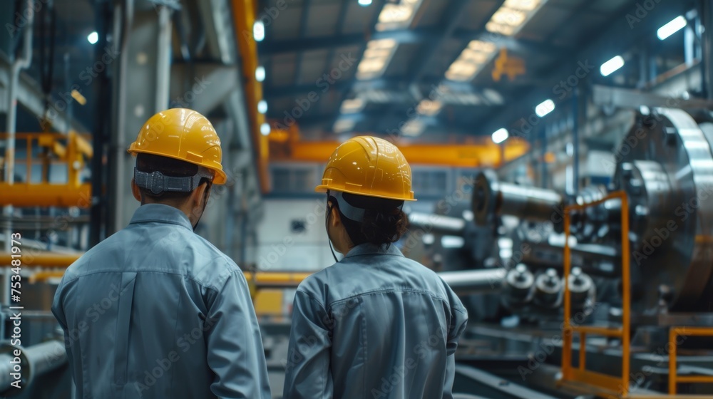 Engineers and factory managers wearing safety helmet inspect the machines in the production. inspector opened the machine to test the system to meet the standard. machine, maintenance Engineers and factory managers wearing safety helmet inspect the machines in the production. inspector opened the machine to test the system to meet the standard. machine, maintenance