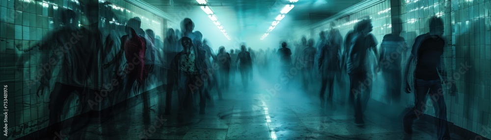 Long exposure of zombies moving through a dark eerie hallway