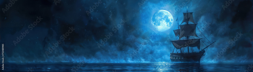 Obraz premium Long shot of a ghost pirate ship in gothic darkness