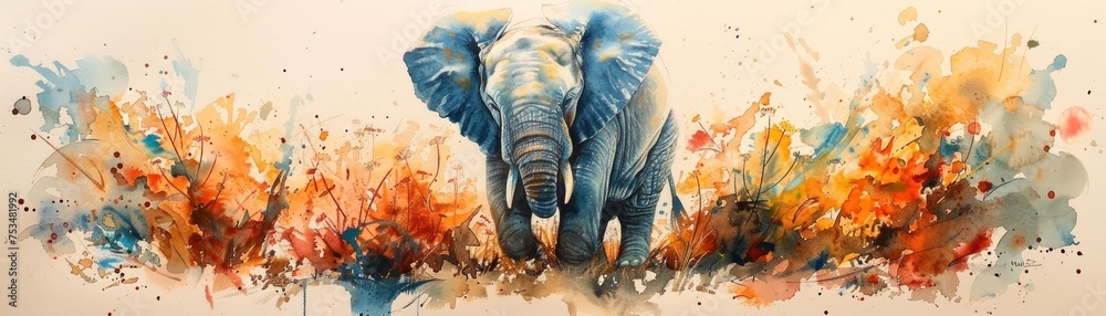 Long shot of a baby elephant painted in watercolor