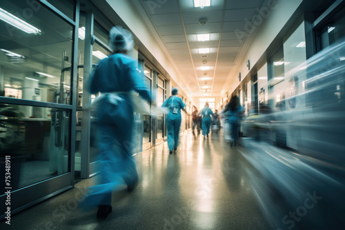 Dynamic blur of medical staff rushing through a hospital hallway