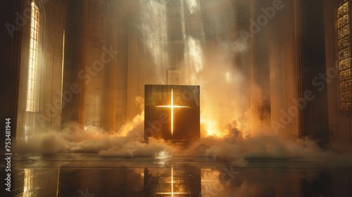 Expansive view of a light-filled golden box in a somber setting photo