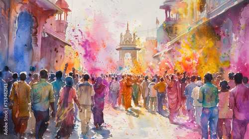 Wide-angle watercolor showing the scale of Holi festivities