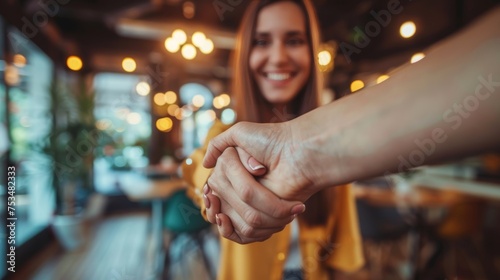 shaking hands and thank you handshake of a corporate worker in a office. Business deal, partnership and we are hiring gesture with a female hr manager ready for onboarding welcome with trust © pinkrabbit