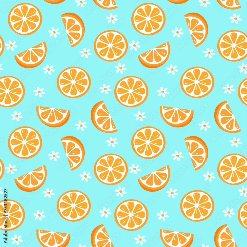 Orange slices and flowers on blue background seamless vector pattern, colorful summer fruit background, packaging design, textile print, wallpaper. Orange slices and flowers on blue background seamless vector pattern, colorful summer fruit background, packaging design, textile print, wallpaper.