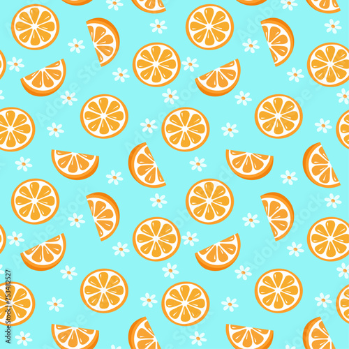 Orange slices and flowers on blue background seamless vector pattern, colorful summer fruit background, packaging design, textile print, wallpaper.