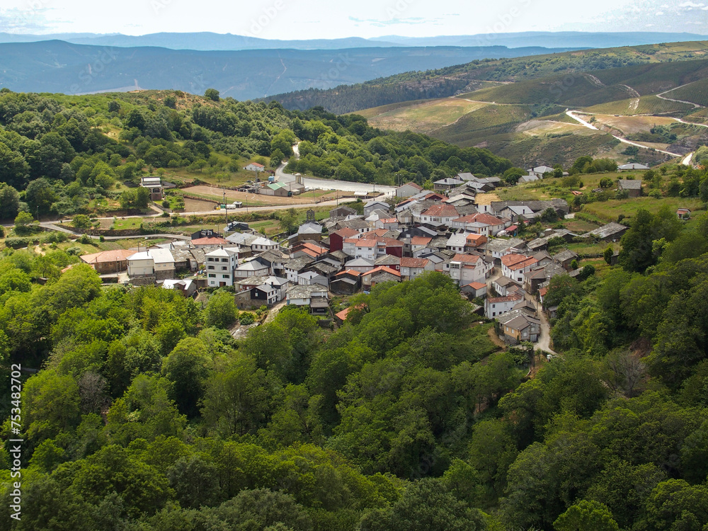 Panoramic view of the town of Cerdedelo in the municipality of Laza. Ourense, Galicia, Spain.