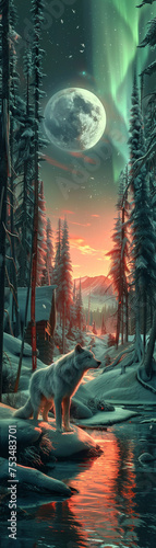 A wolf is standing in front of a small hut in the snow