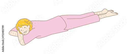 うつ伏せに寝て岩盤浴を楽しんでいる汗だくの可愛い女性 シンプル イラスト ベクター 