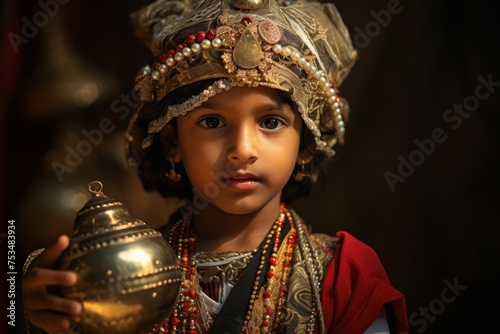 The inquisitive and entrepreneurial spirit of a young Vaishya child, dressed in traditional attire and perhaps holding symbolic items representing business or trade, reflecti photo