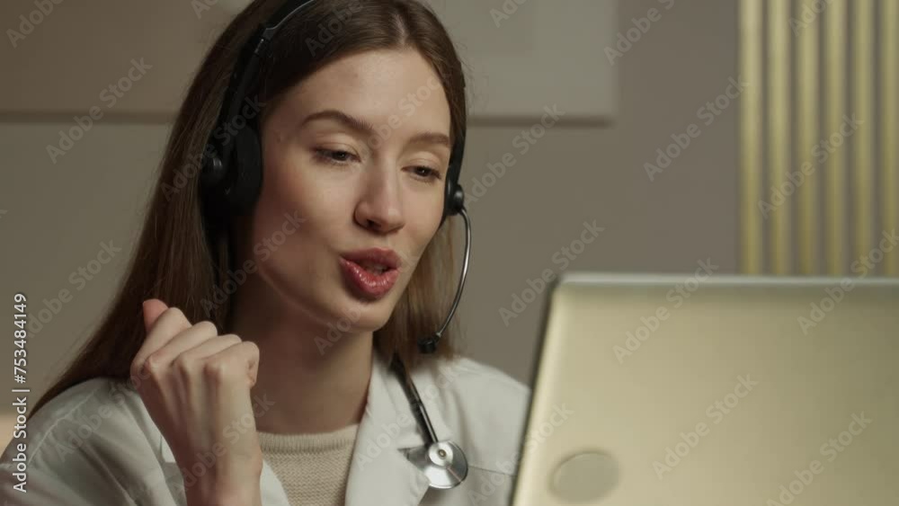 A young female doctor wearing a headset speaks to a patient through a video call. She gestures with her hand to explain or illustrate a point, and her focused expression suggests she is carefully A young female doctor wearing a headset speaks to a patient through a video call. She gestures with her hand to explain or illustrate a point, and her focused expression suggests she is carefully