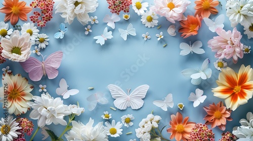 A whimsical flat lay of butterfly-shaped flower petals arranged on a sky-blue surface.