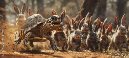 Fable-inspired concept. A turtle races ahead of a pack of rabbits, a creative take on the classic story of "The Tortoise and the Hare" with a focus on the unexpected leader. © Maxim