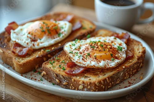 Plate of Two Buttery Grilled Toasts with Fried Eggs and Crispy Bacon, Served with a Cup of Coffee