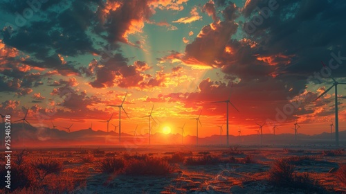 Wind Turbines, green energy, Sun, sky, mountains 