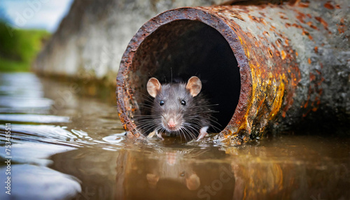 Closeup of a rat inside a rusty sewer pipe; rat looking out of a drain in the sewerage system. Rodent problem in the canalization system, unsanitary concept. Generative Ai. photo