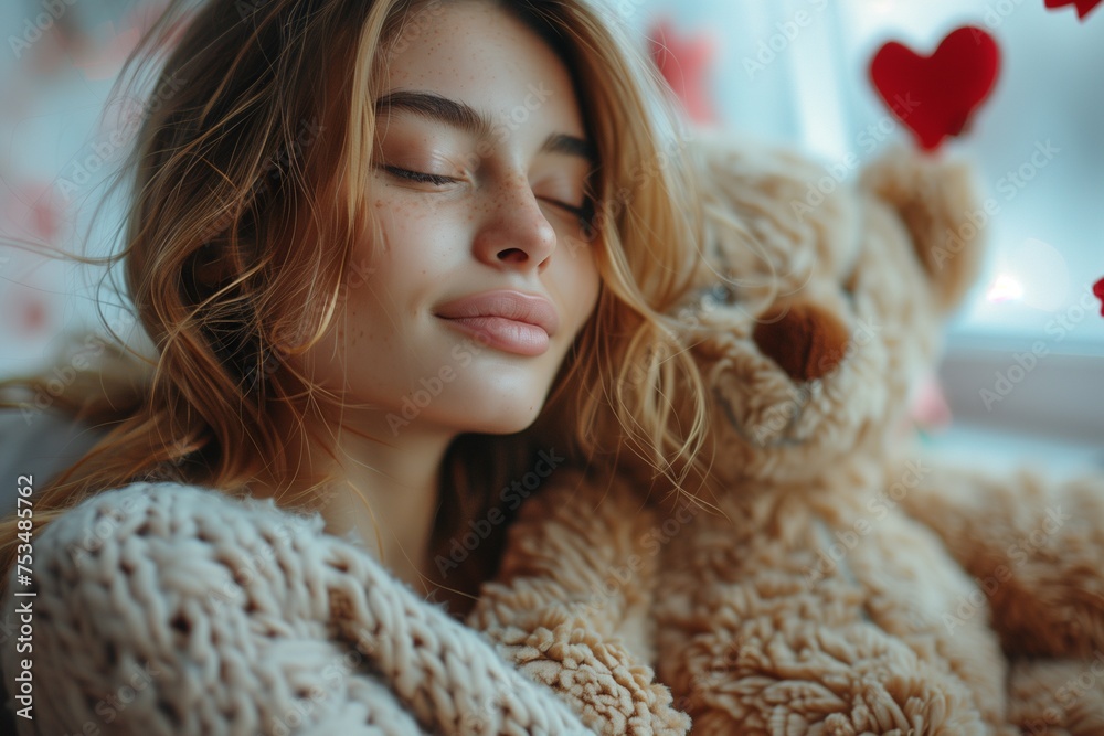 Woman with Long Hair Embraces Big Teddy Bear, Surrounded by Red, White, and Pink Roses Woman with Long Hair Embraces Big Teddy Bear, Surrounded by Red, White, and Pink Roses