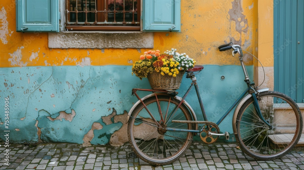 A classic bicycle with a basket full of vibrant flowers stands against a colorful, weathered wall on a cobblestone path.