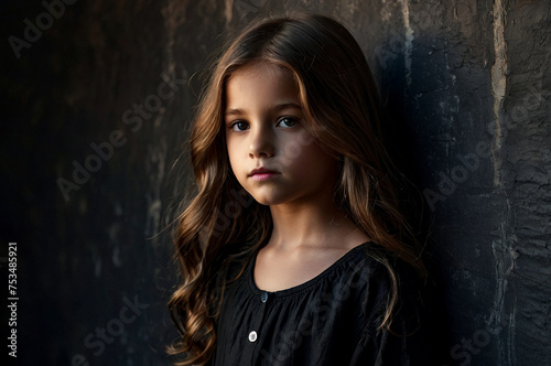 Cover child girl with long hair blowing in wind at dark textured wall, looking at camera. Cute kid model 9-10 year old posing frozen eyes pose in shadow. Performing act concept. Copy ad text space