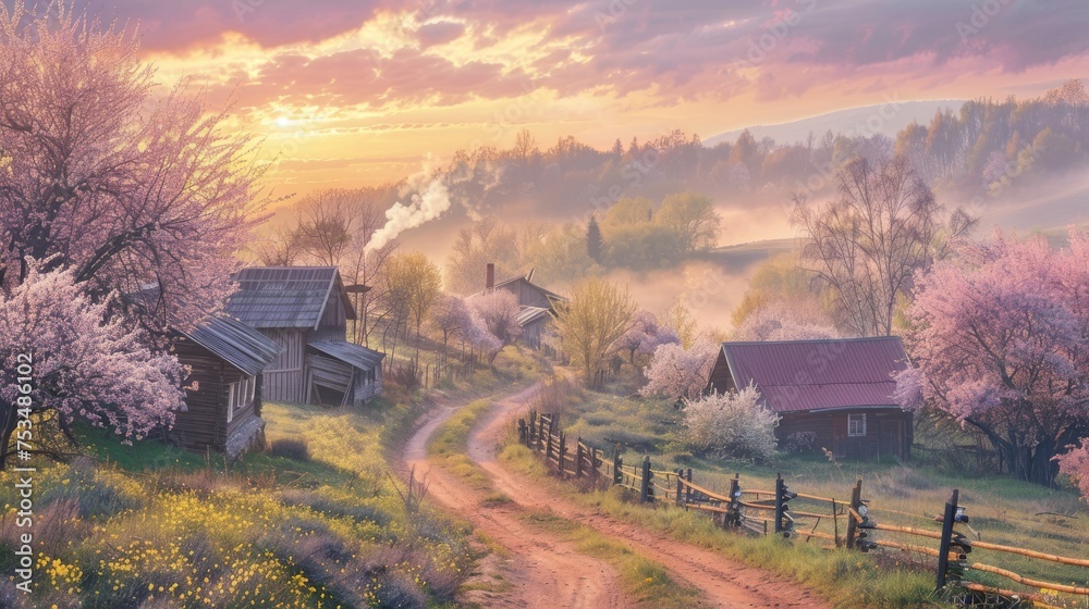 Sunrise over a peaceful rustic village with blossoming trees, wooden fences, and a misty atmosphere.